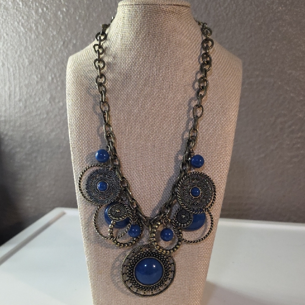 Vintage Premier Designs Antique Gold Graduated Blue Dangle Statement Necklace